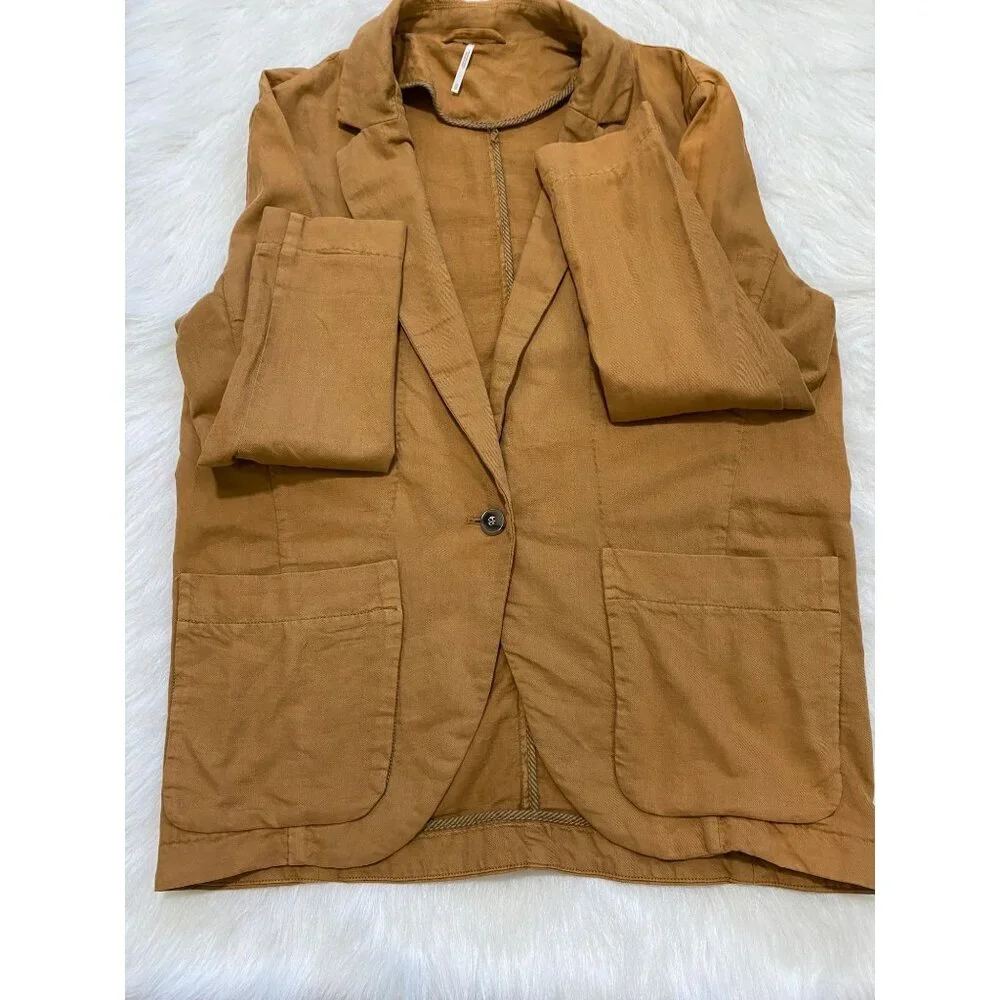 Free People Tan Brown Linen Cotton Oversized Blazer Jacket X-Small Preppy - Picture 11 of 15